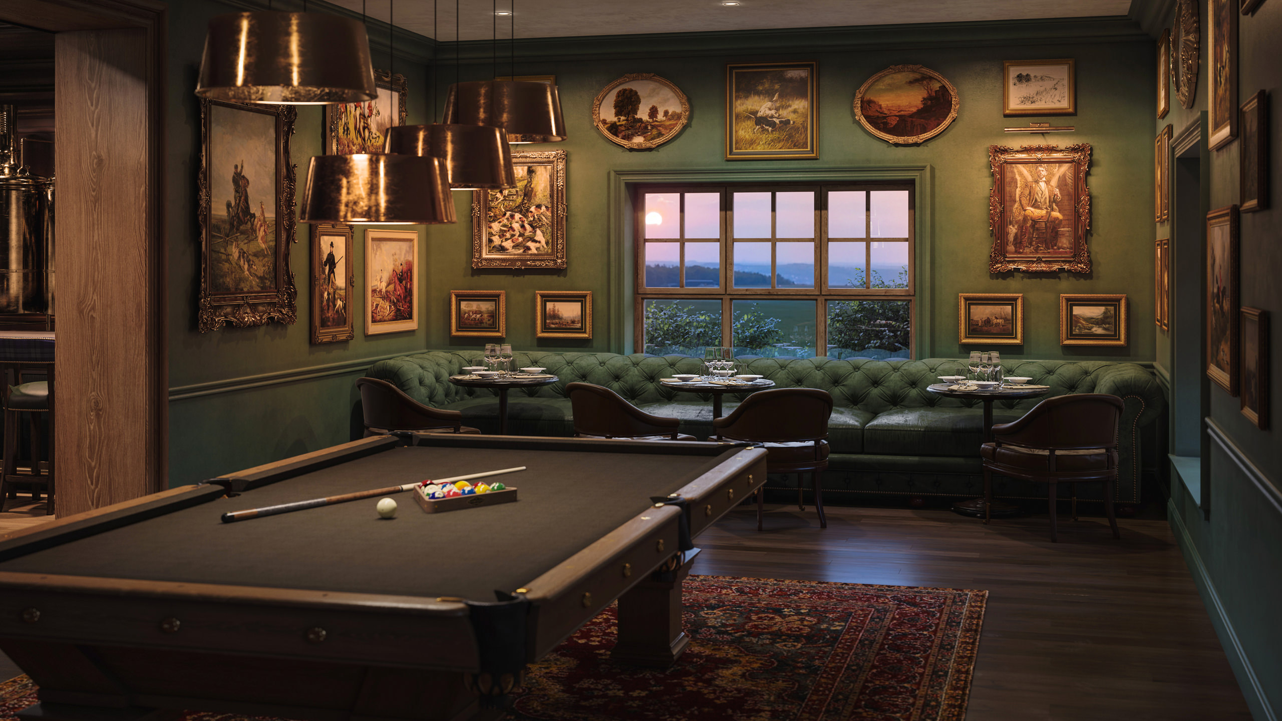 Games area 3D visualization with a pool table in the front and a spacious seating area in the back surrounded by gold-framed art