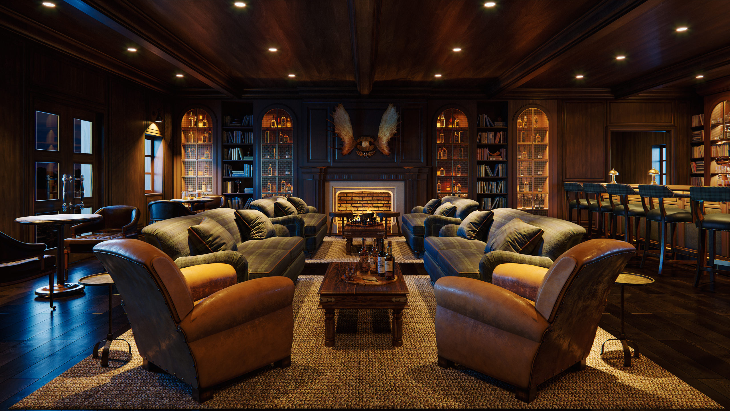 Interior 3D rendering of lounge area furnished with leather armchairs and tartan couches displaying a fireplace in the back of the room with whiskey library on both sides