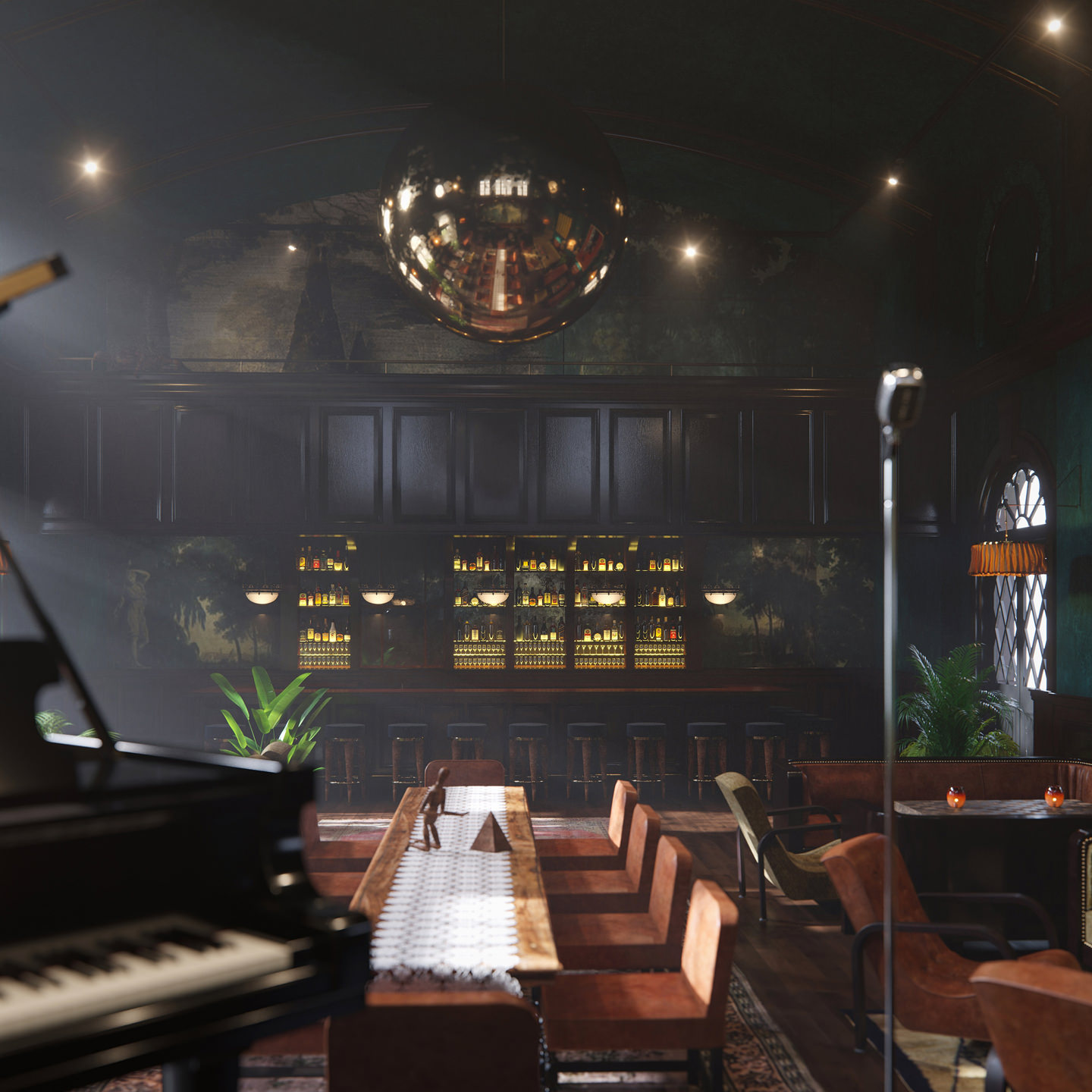 View of the lounge zone captured from the stage with a vintage microphone and a grand piano in the fireground