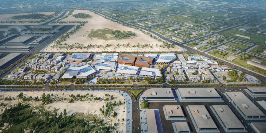3D Masterplan exterior rendering of a massive urban complex in Saudi Arabia with shopping and entertainment centers, luxury apartments, and spacious parking lots.