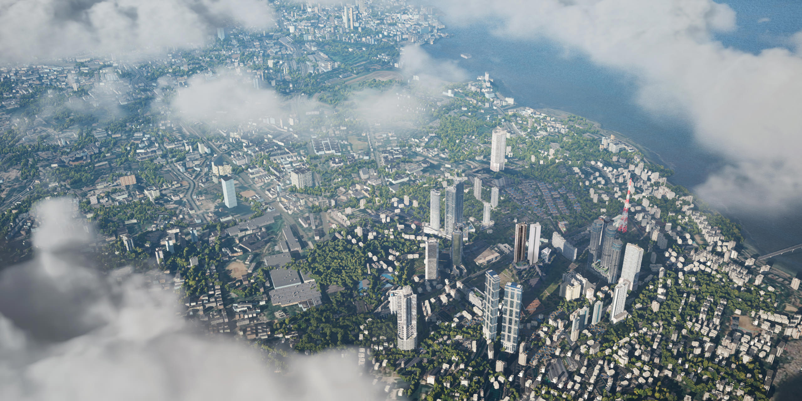 Areal architectural 3D visualization of Mumbai city made with Unreal Engine 5