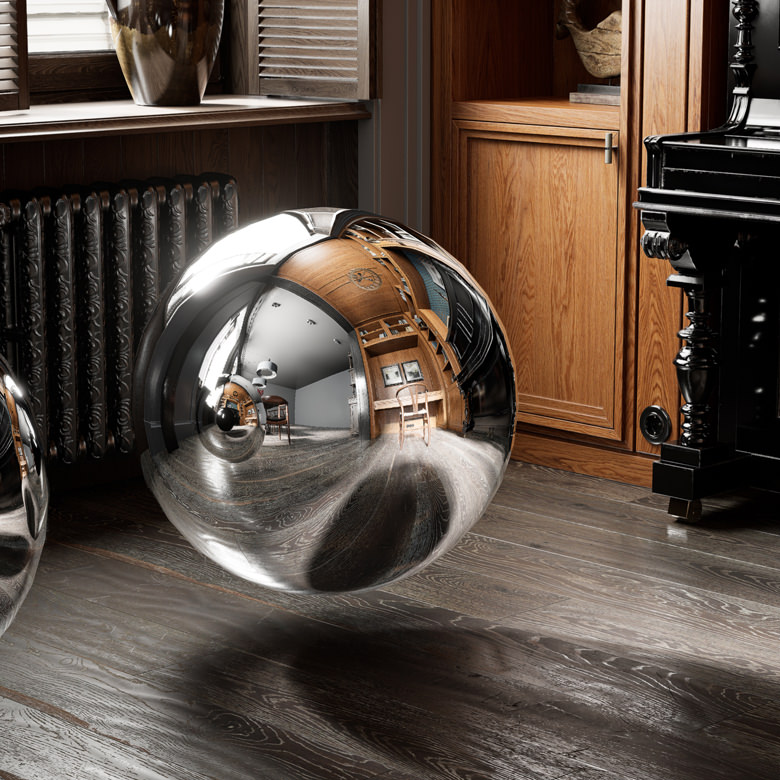 3D realistic reflection of room interior in metallic sphere