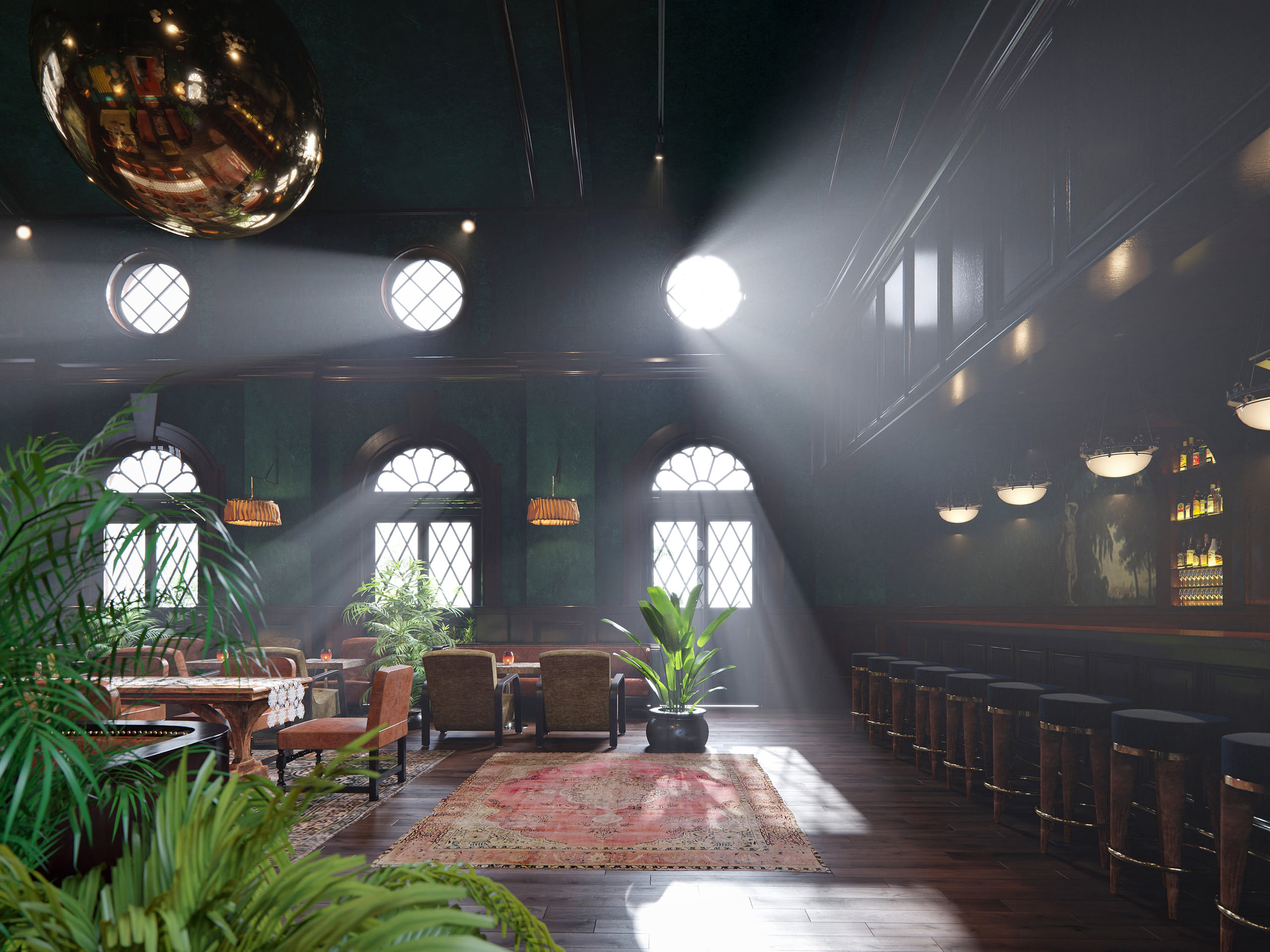 Render of the magistracy courtroom lounge captured from the entrance door looking out directly across on the big arched windows and small submarine-like ones above overflowing the space with light