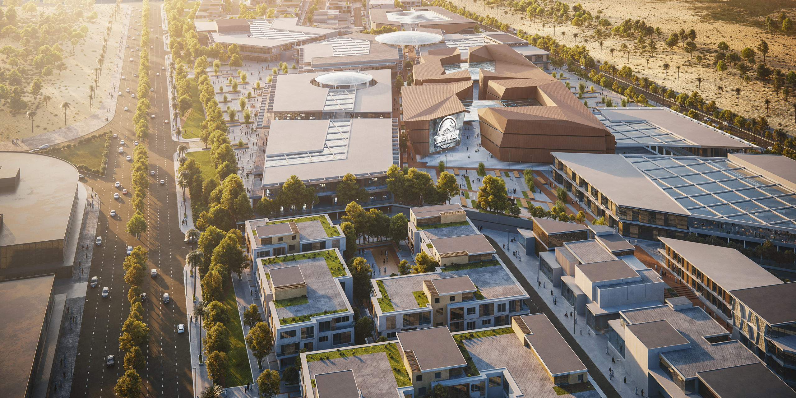 Top view closeup of a residential area alongside the entertainment park in the background in the sunset lights