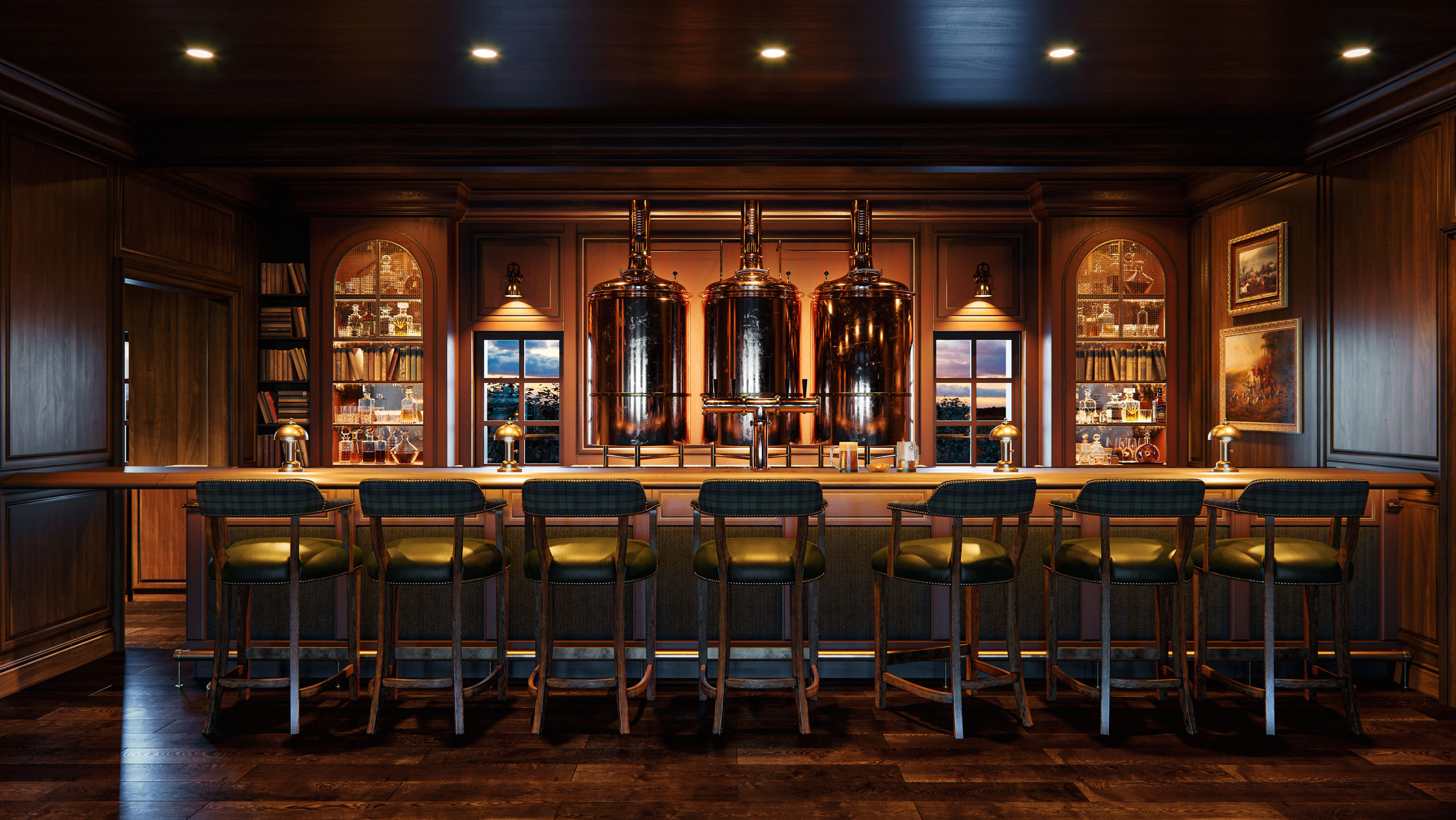 Head-on 3D view of Scottish wooden bar stocked with liquor and tap beer upholstered with leather and tartan in subdued lighting