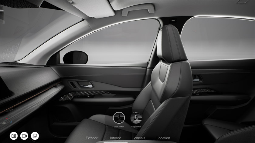 Car interior with dark grey leather in interactive vehicle interior customization software