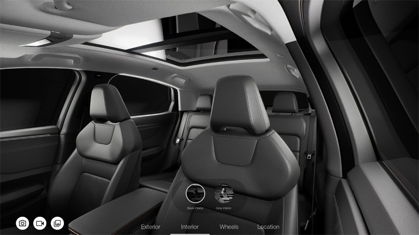 Car interior with dark grey leather and glass roof top in interactive vehicle interior configuration software