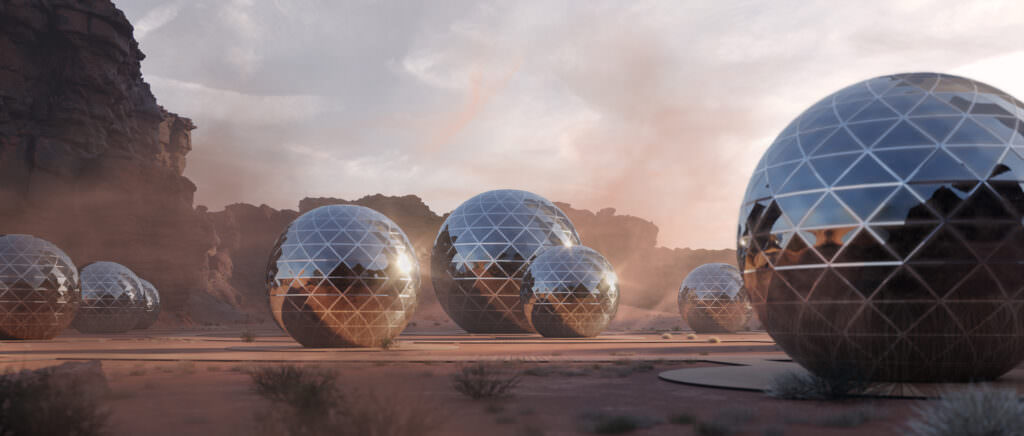 Architectural 3D illustration of the structural details and glazing of spherical geo dome houses Dunyas in Saudi Arabia