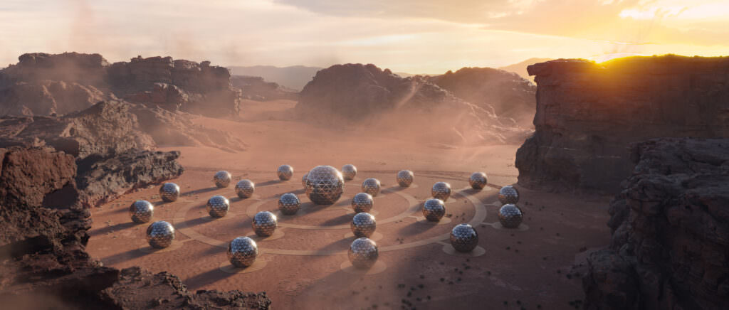 The flexible and sustainable community of geodesic dome houses called Dunya in the sand deserts of Saudi Arabia visualized from above