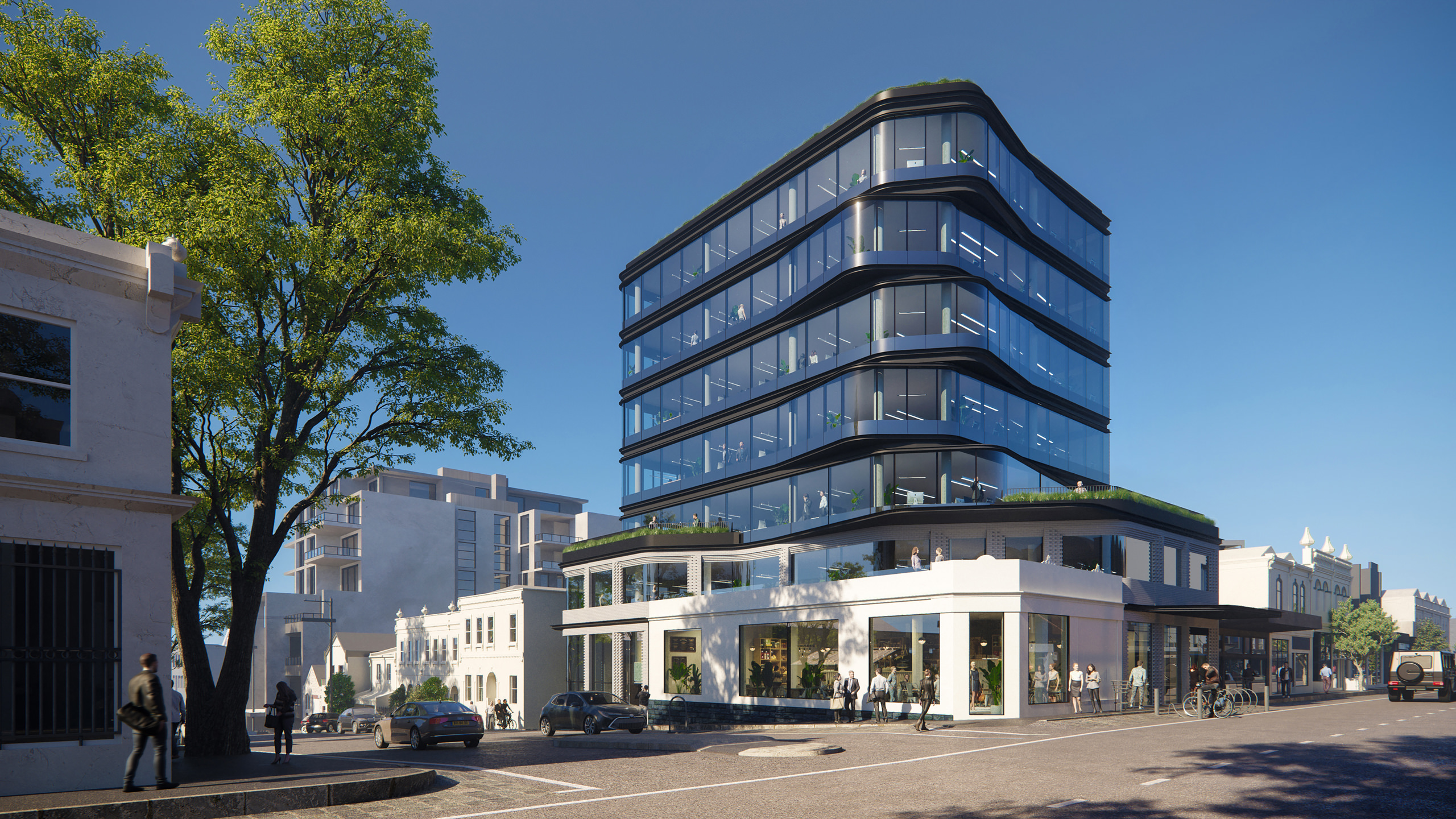 Daytime 3D rendering of glazed commercial levels above a historic building