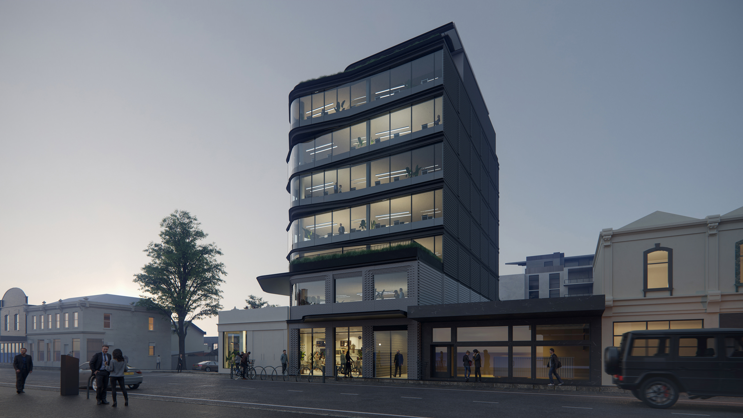 Dusk 3D view of the building glass facade with visible interiors