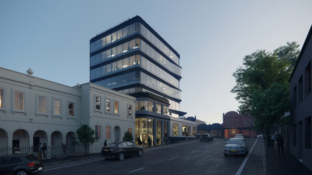 Evening 3D visualization of the building angle with interior lights on and activated street