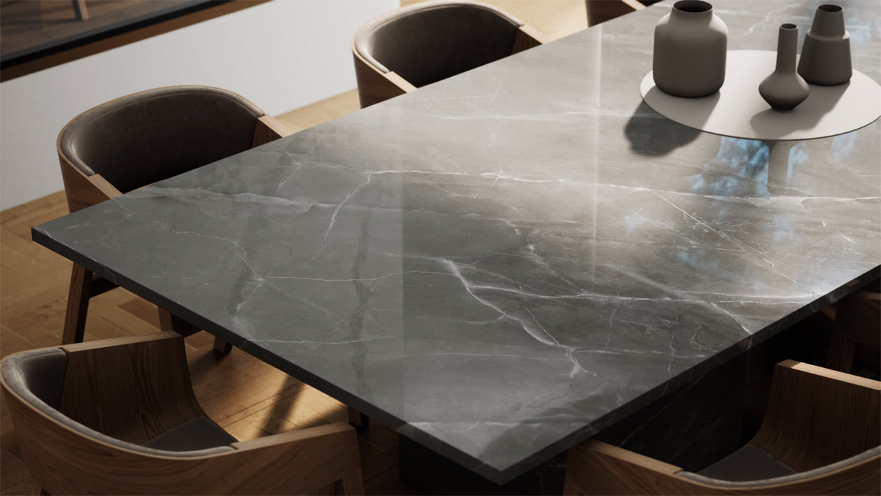 Dark grey marble table surface customized in virtual 3D software for Hilltop company