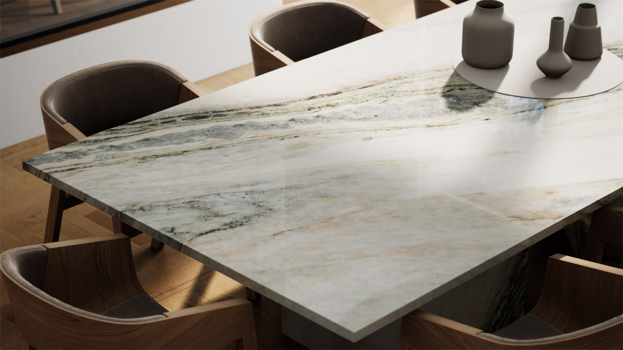 Motley green marble table surface 3D render