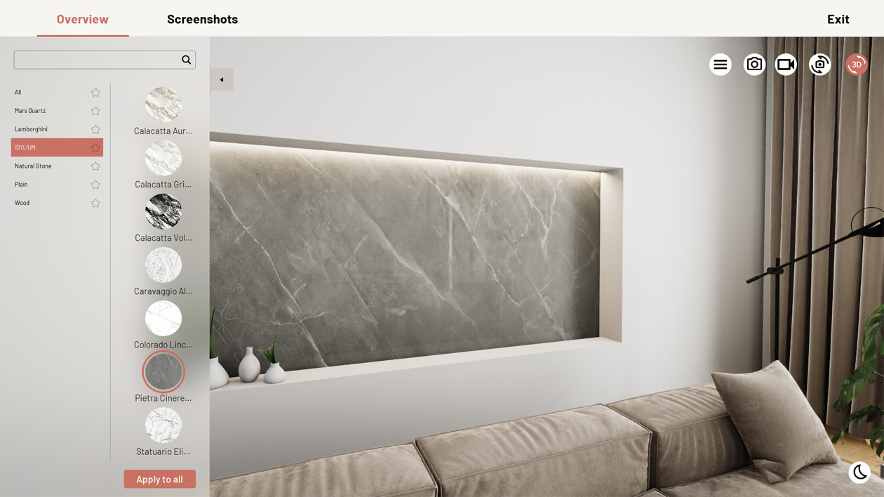 Dark grey wall surface customized in 3D configurator