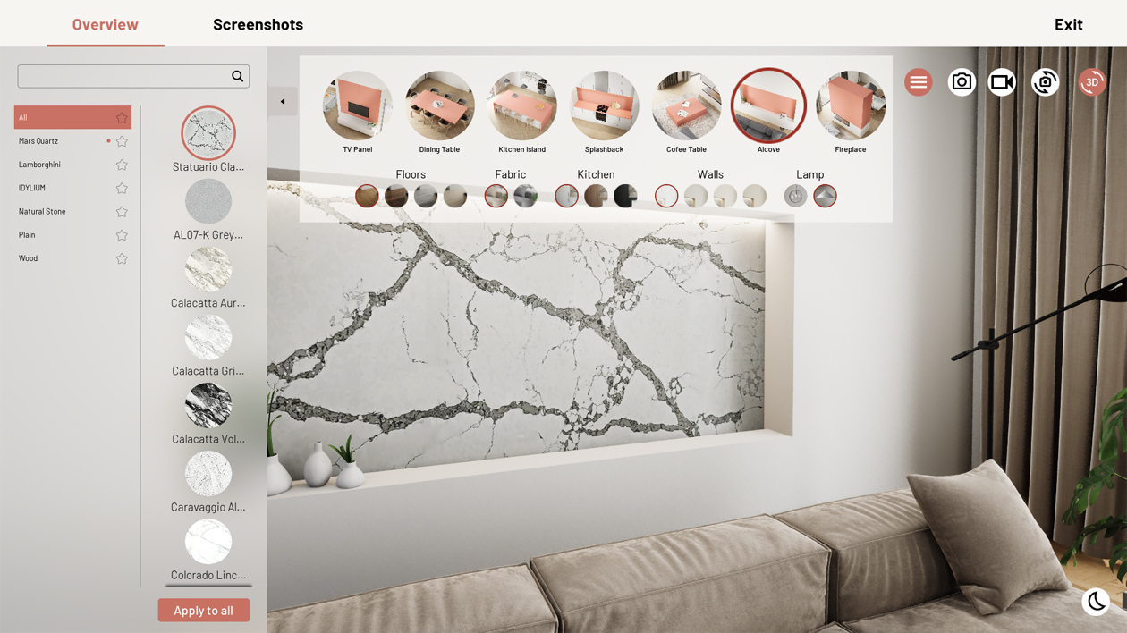 General menu of finishing materials customizer applied on main surfaces