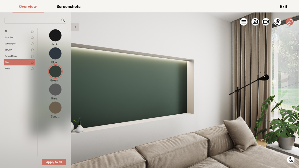 Green stone surface applied on wall with help of virtual 3D customizer