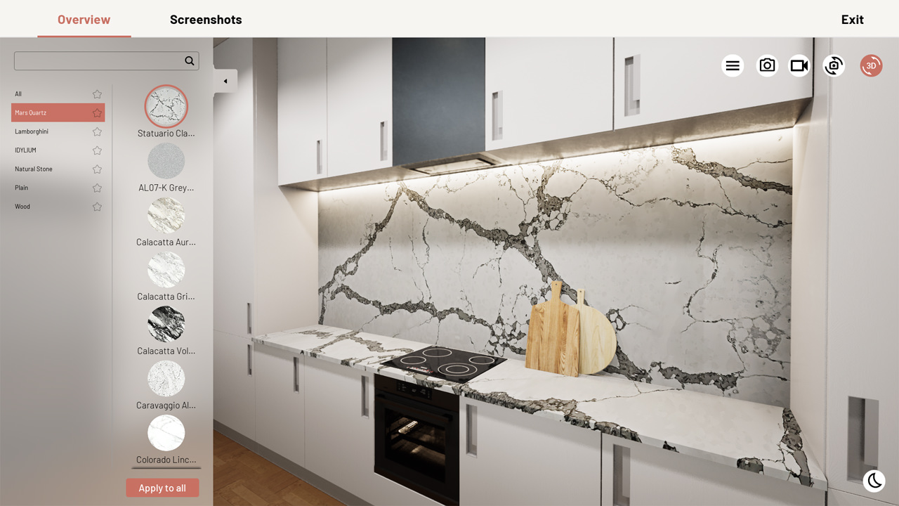 Customized kitchen with white striped marble surface