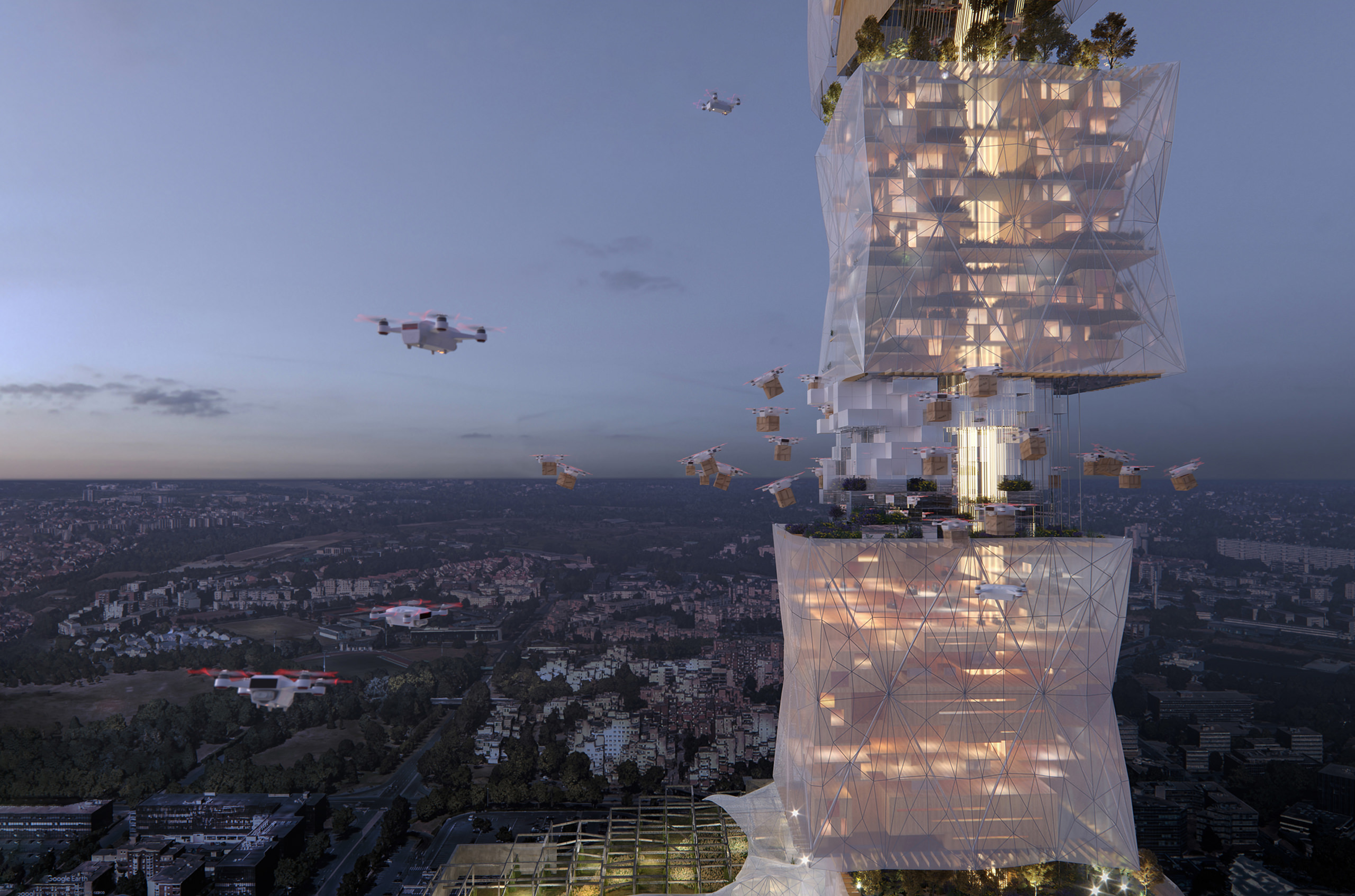 Detailed 3D view of the skyscraper concept with drones delivering goods on open floors