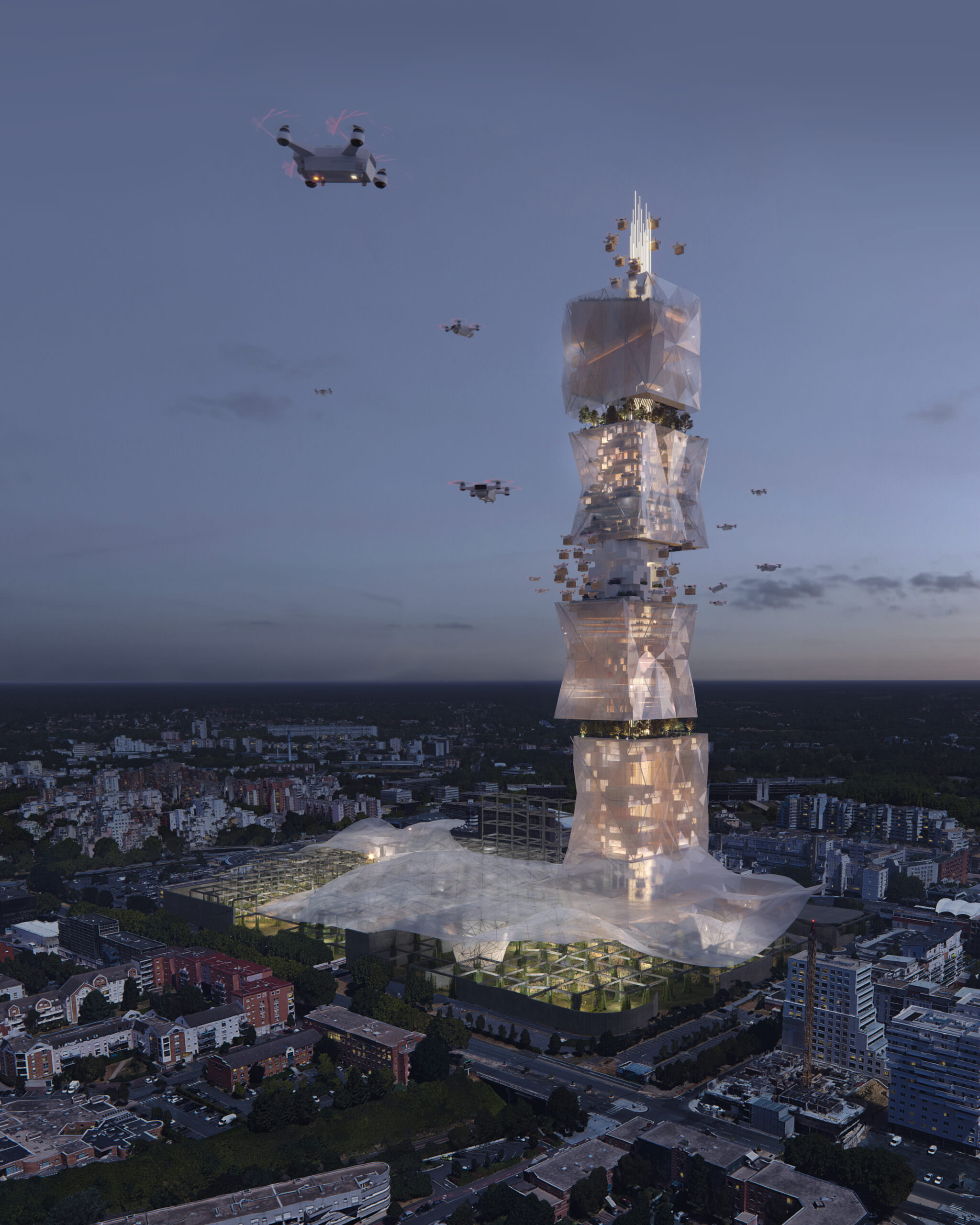 Aerial rendering of a high-rise tower conceptualized as a smart warehouse in the suburbs of Paris