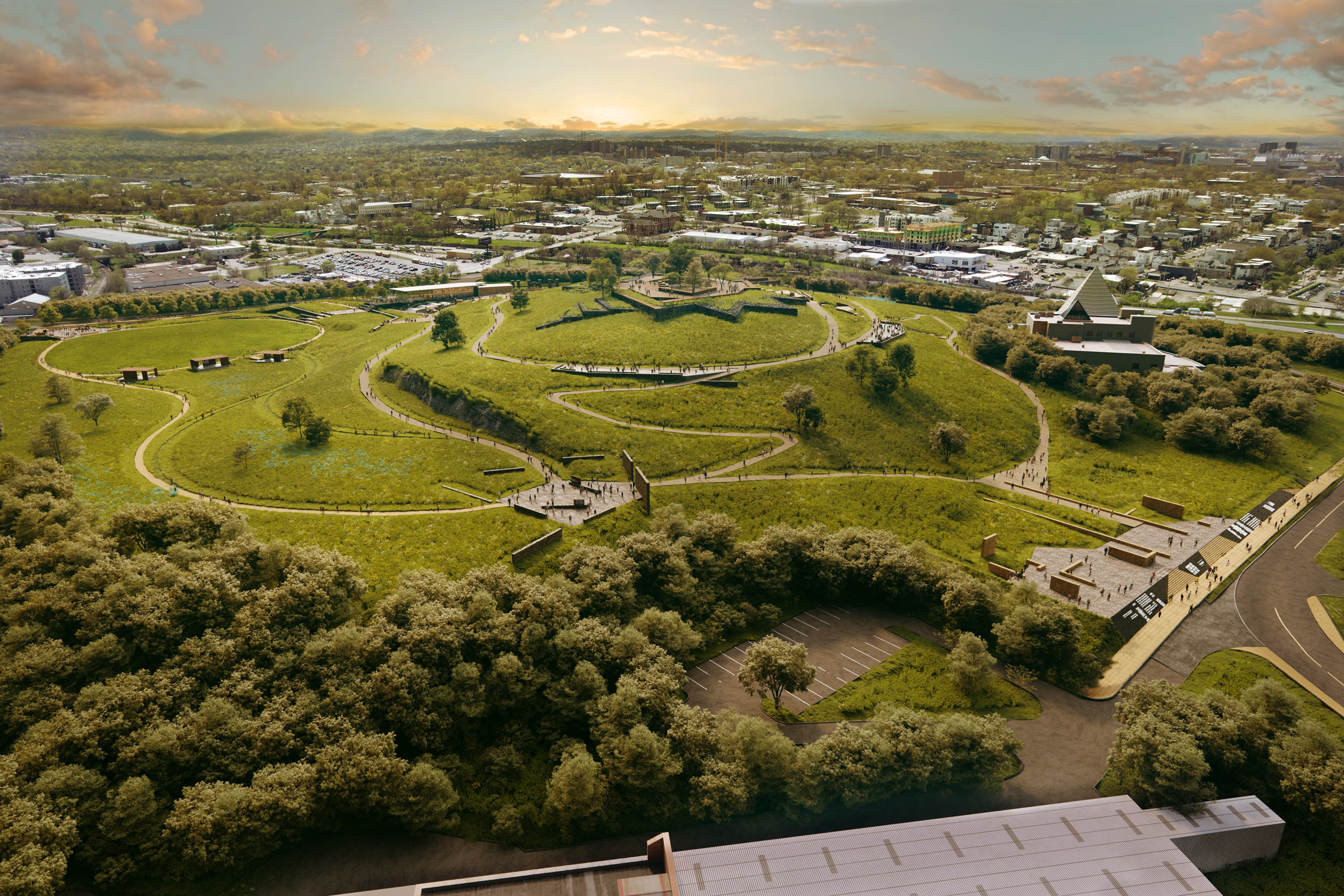 Bird-eye view 3D architectural rendering of Fort Negley Site