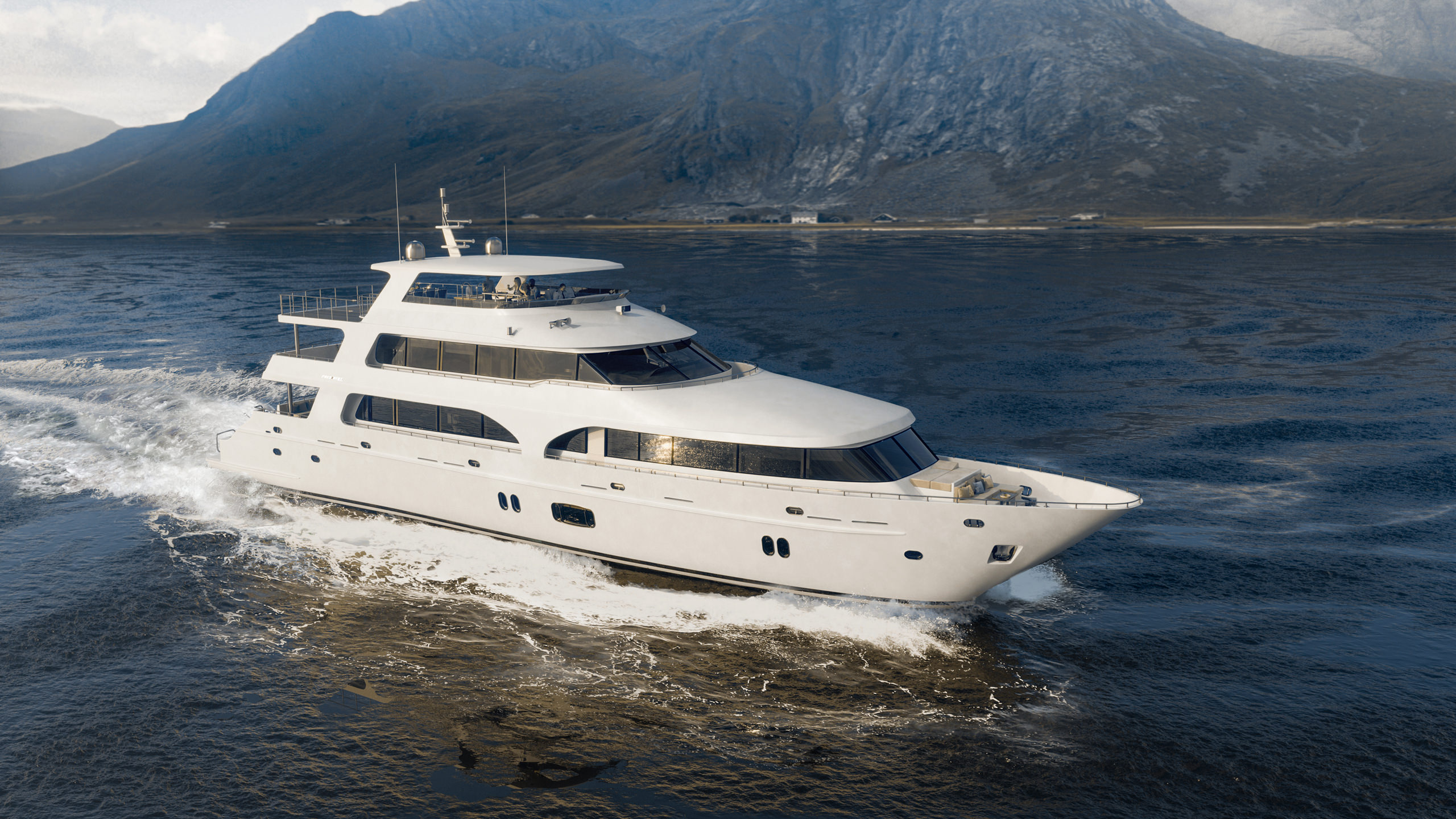 3D visualization of President yacht exterior in sea water and foam