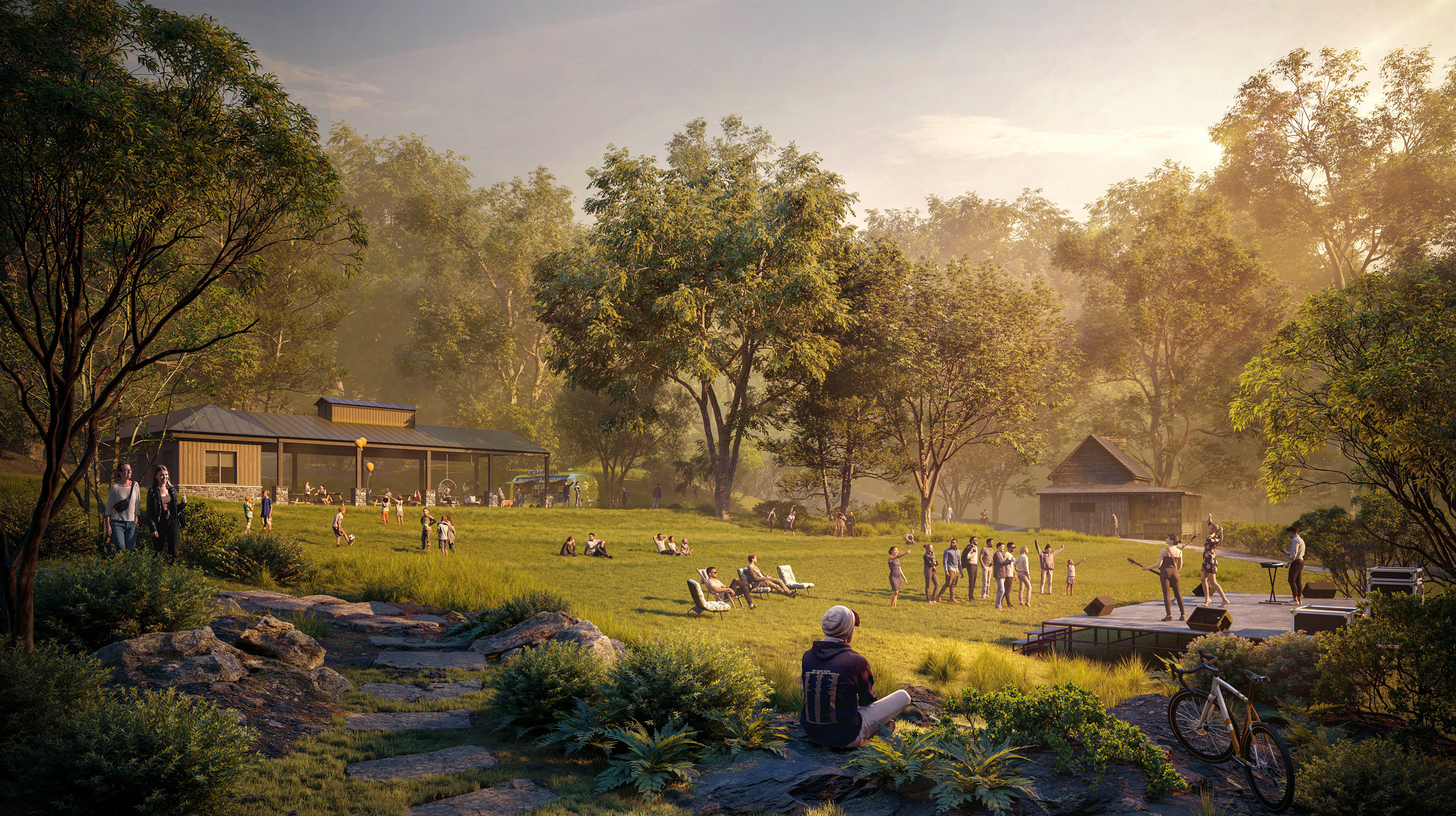 Architectural 3D rendering of an open air park with a music stage, picnic seats and walking trails at Lonesome Historic Site in Tennessee