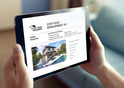 Clients holds a tablet with PDF presentation of his new real estate property on the screen