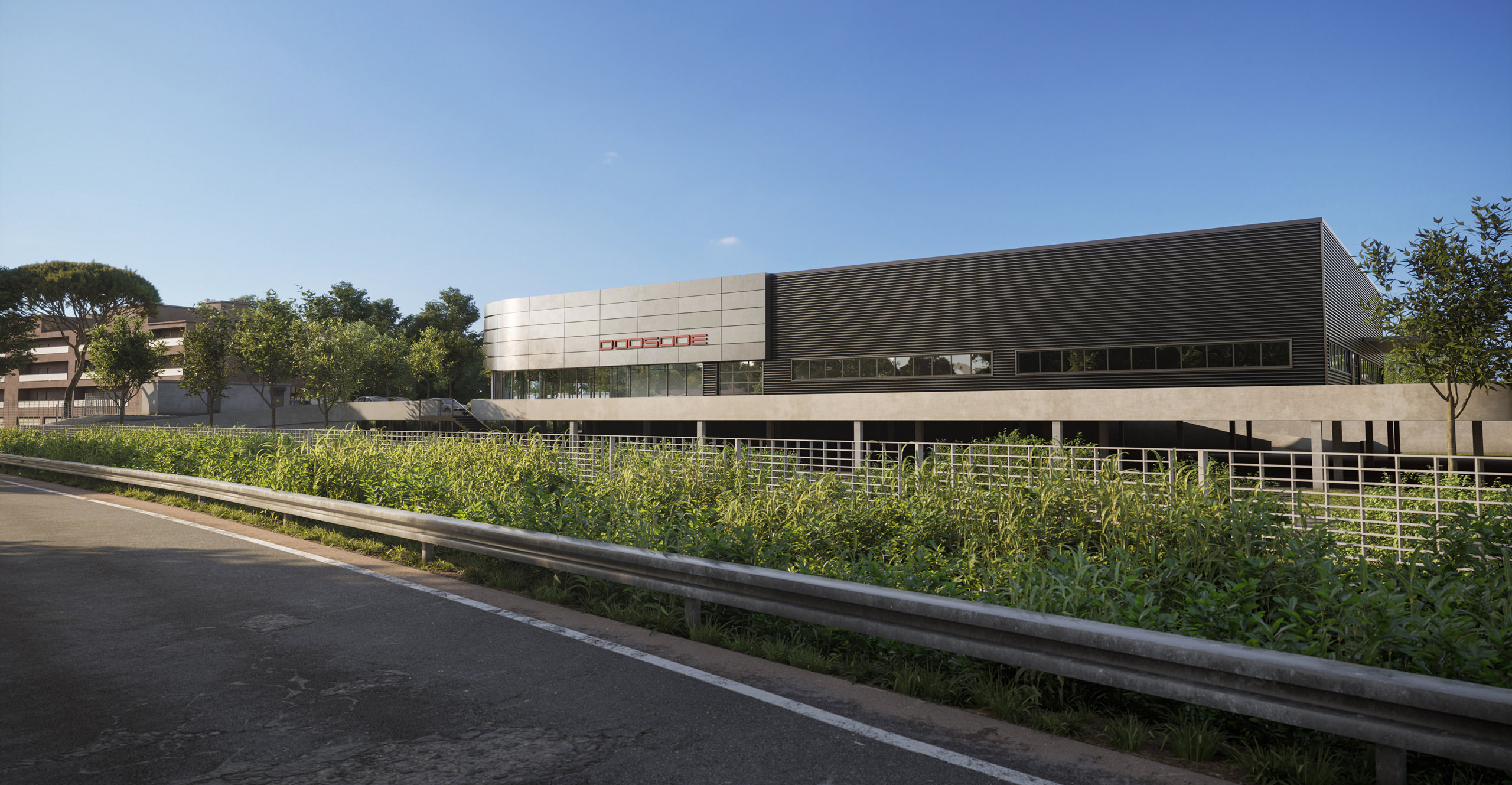 3D architectural visualization of Porsche car dealer center in Rome, Italy, street level view