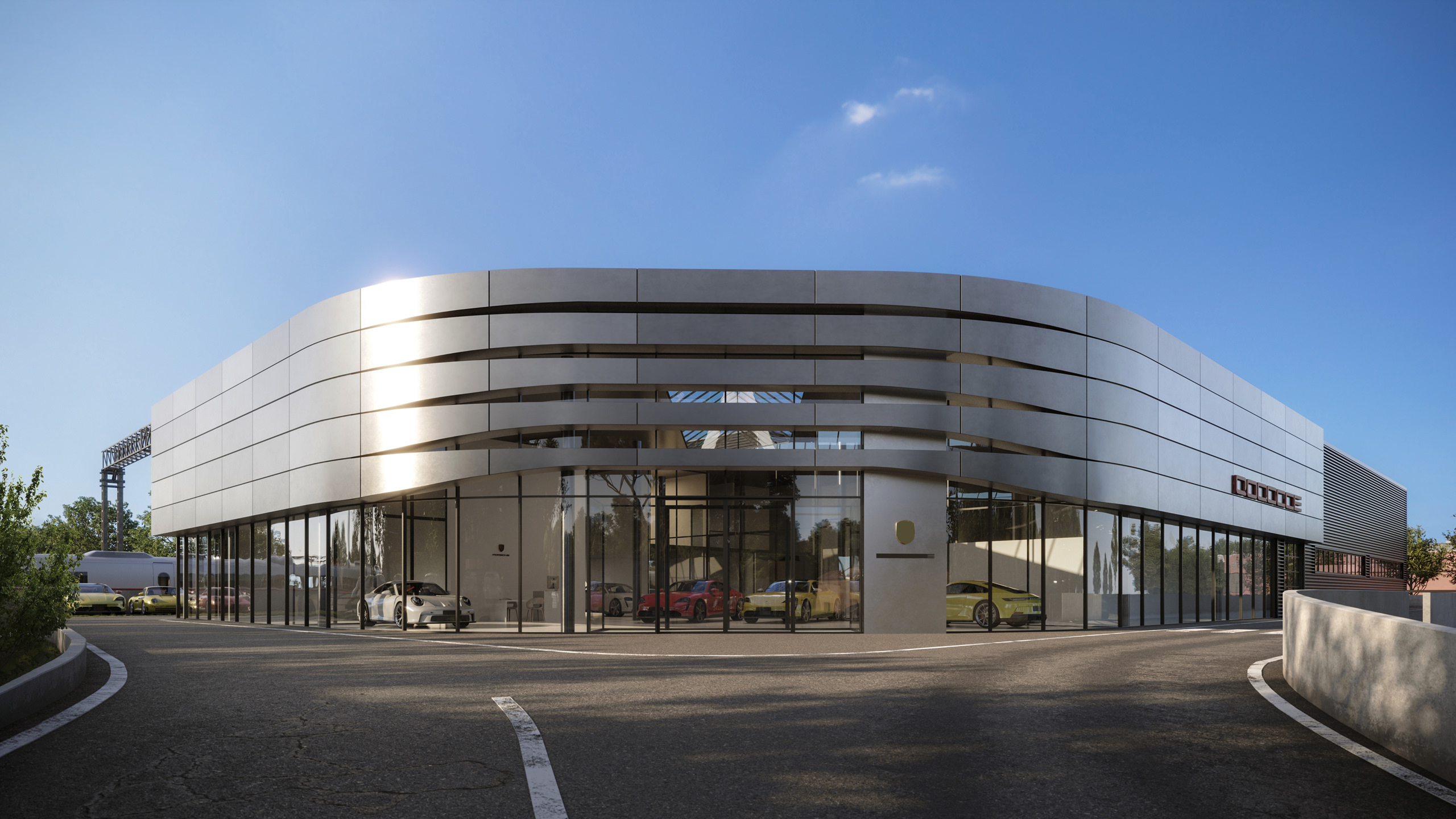 Exterior 3D visualization of Porsche car dealer center main entrance in Rome, Italy