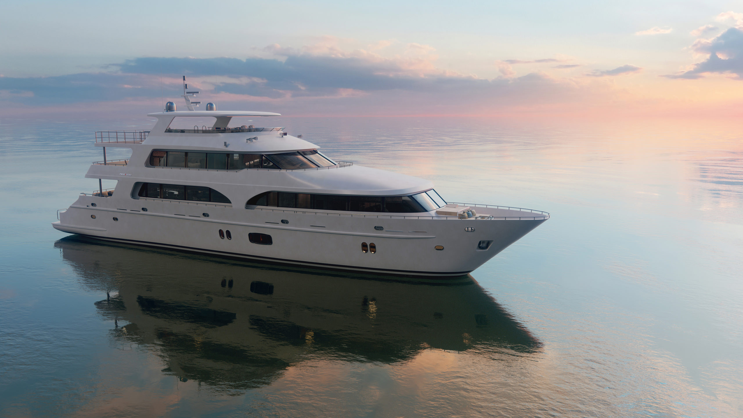 3D exterior visualization of the luxury president yacht in the calm sea at dawn
