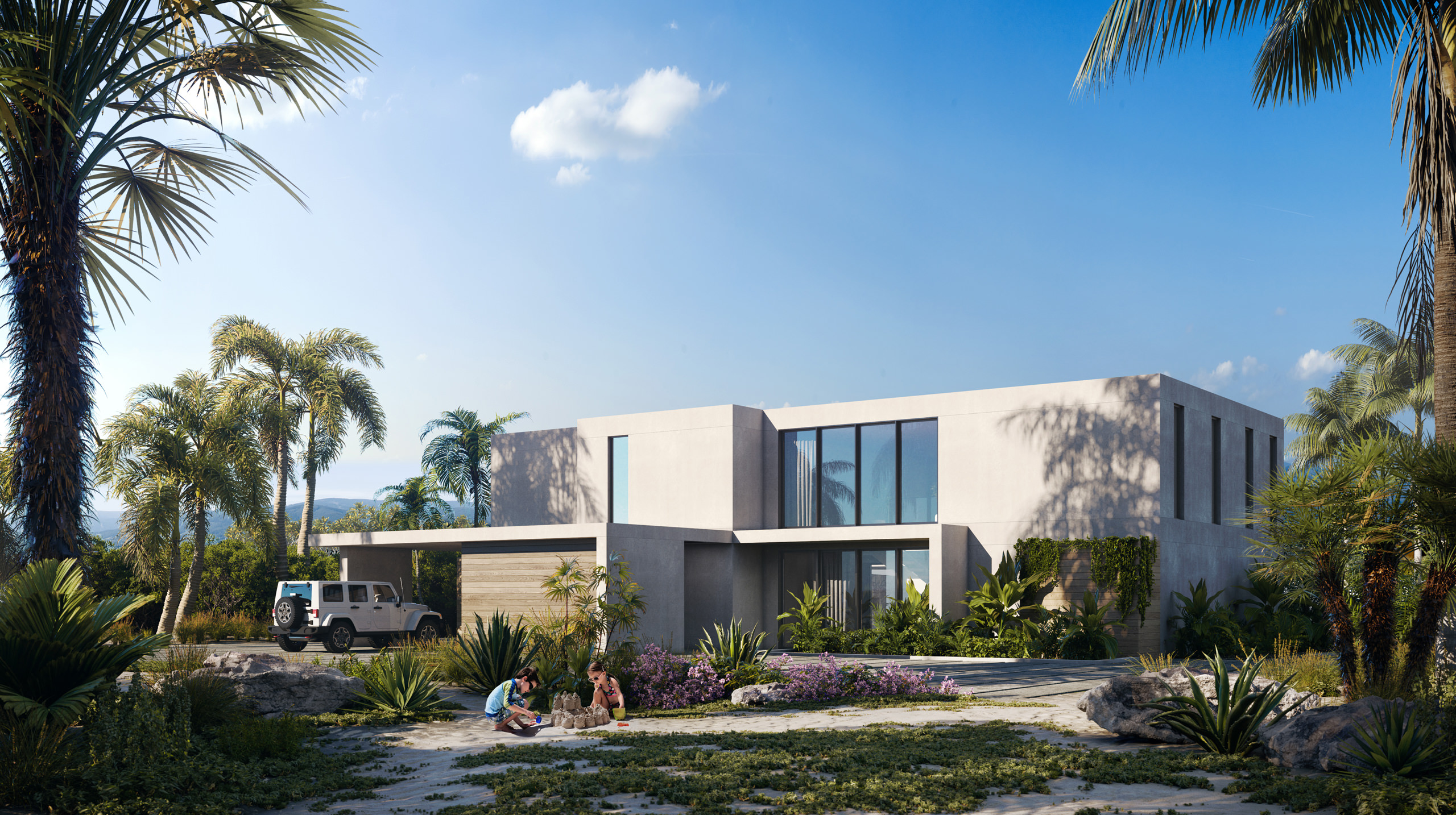 3D architectural visualization of front facade of a luxury villa with a garage and a children playground