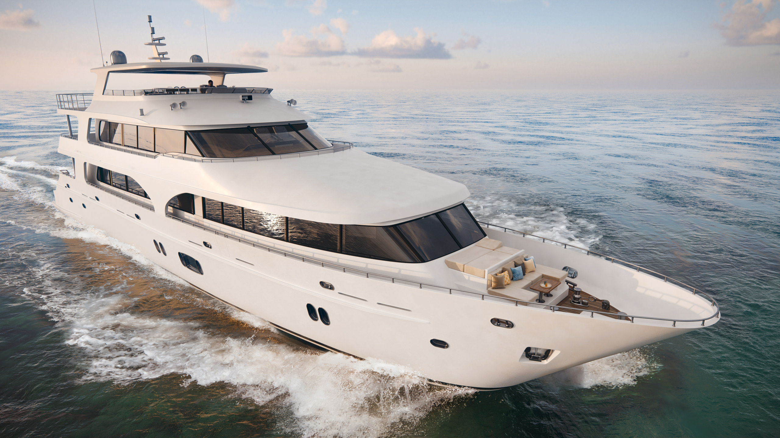 3D visualization of high-end president yacht focusing on the deck with a relax zone