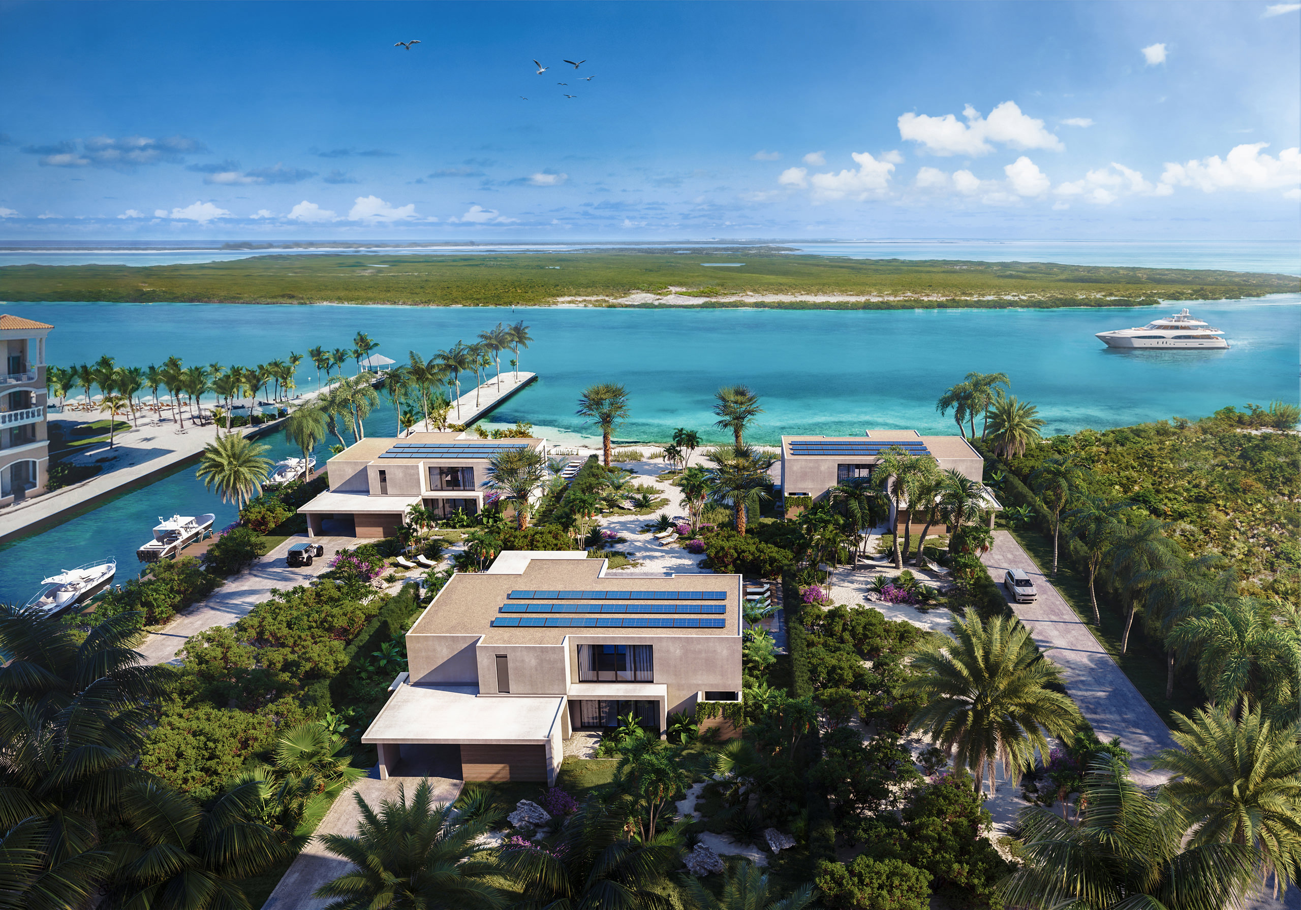 Semi-aerial 3D exterior rendering over-viewing the island villa complex located at the exotic beach front