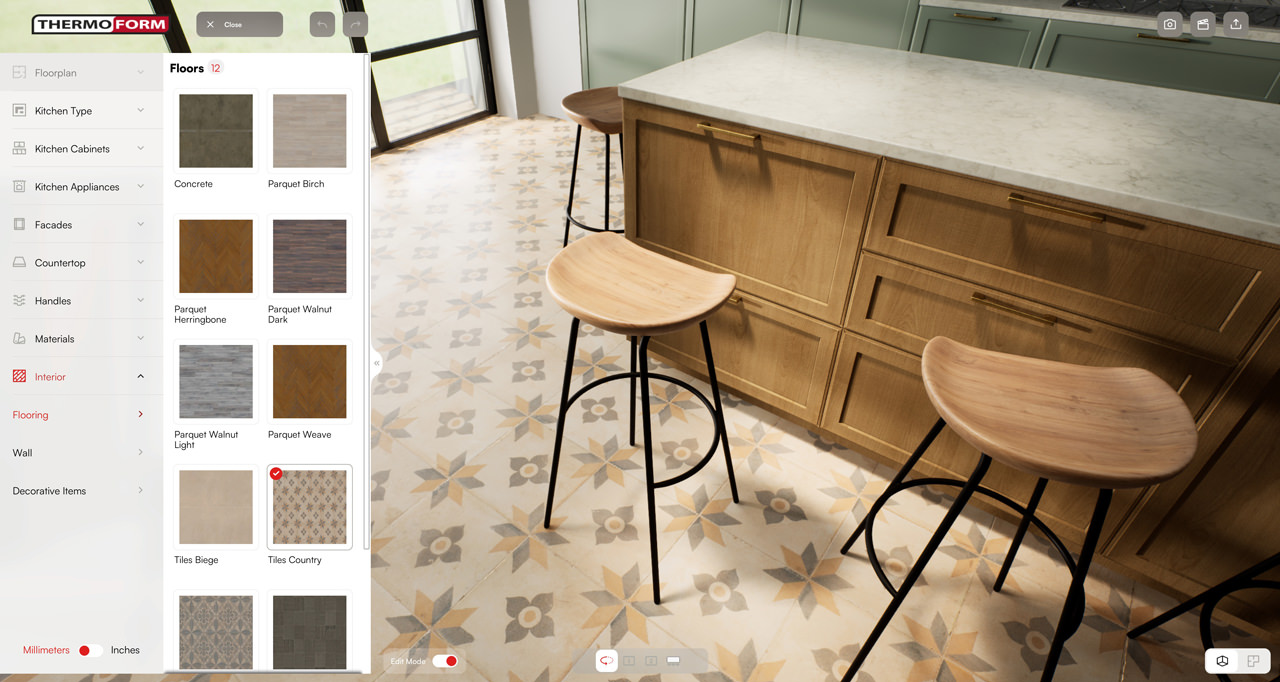 Country tiles flooring in 3D kitchen customization tool