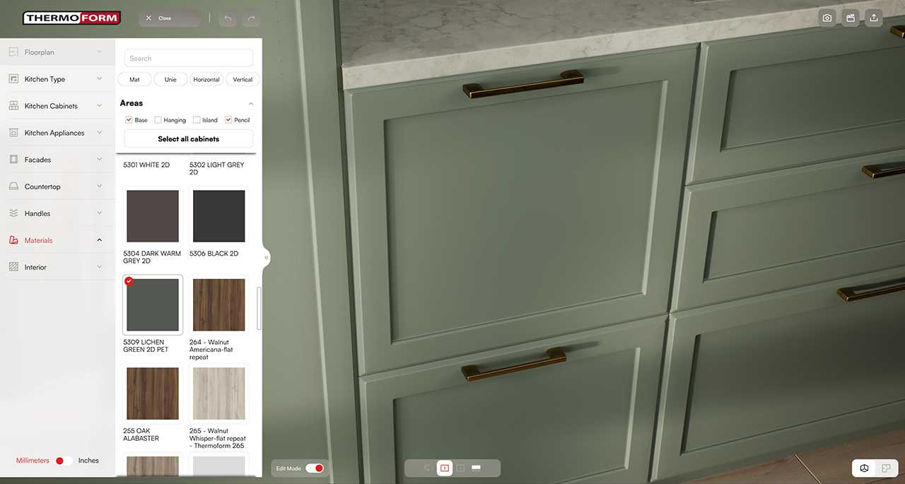 Thermoform kitchen with green facade finishing