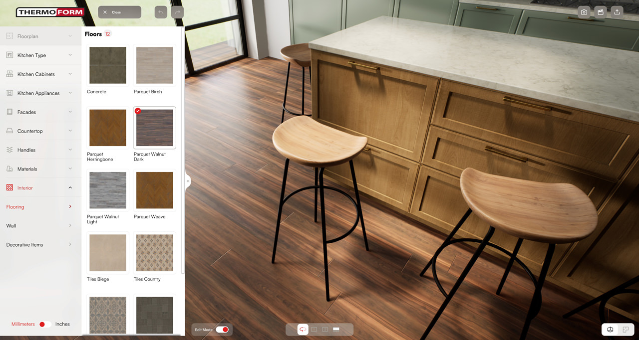 Dark walnut parquet in kitchen configurator