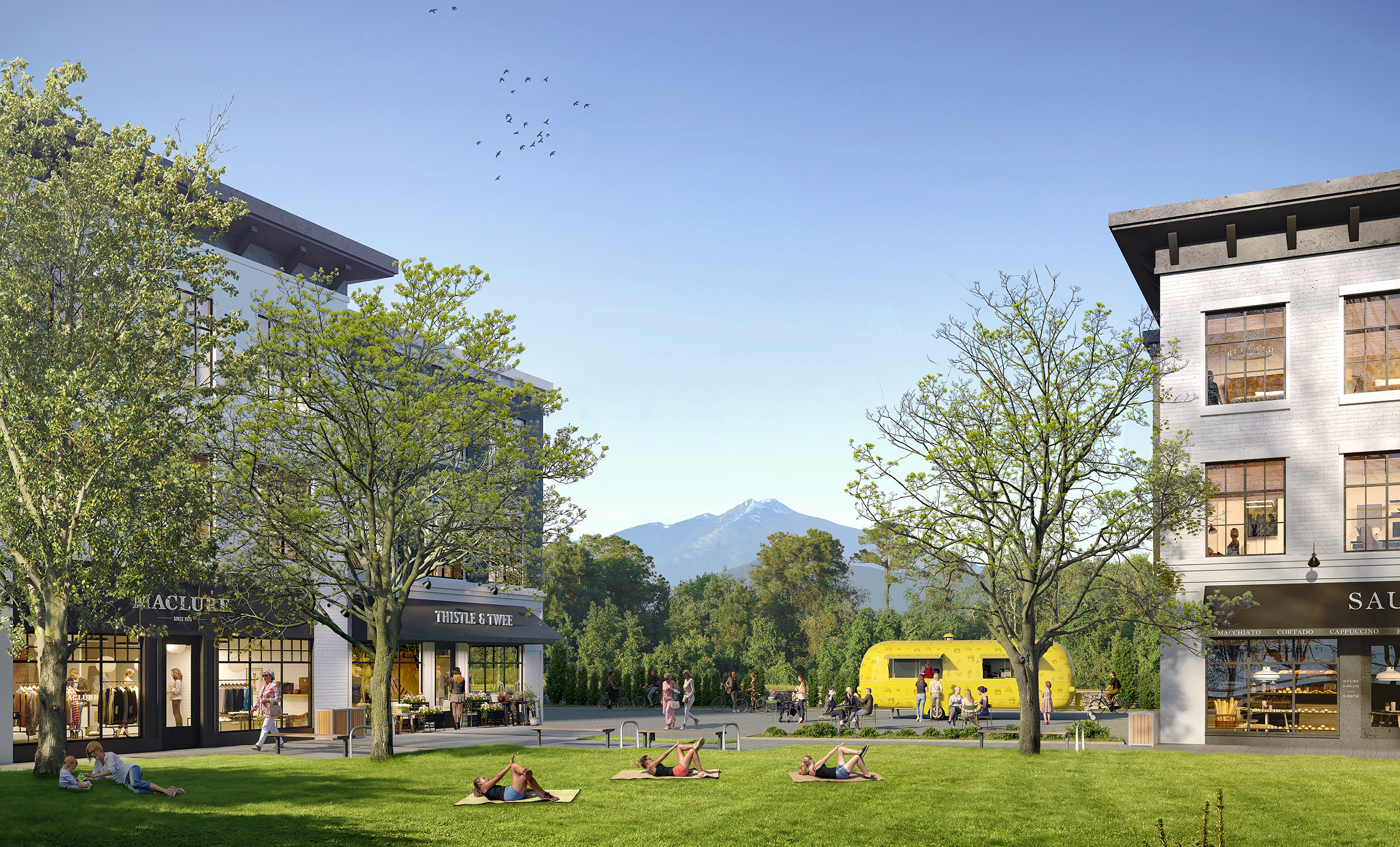 Realistic architectural 3D rendering of daytime view overlooking public amenities and retail area of the neighborhood in historic downtown of Abbotsford, British Columbia, Canada