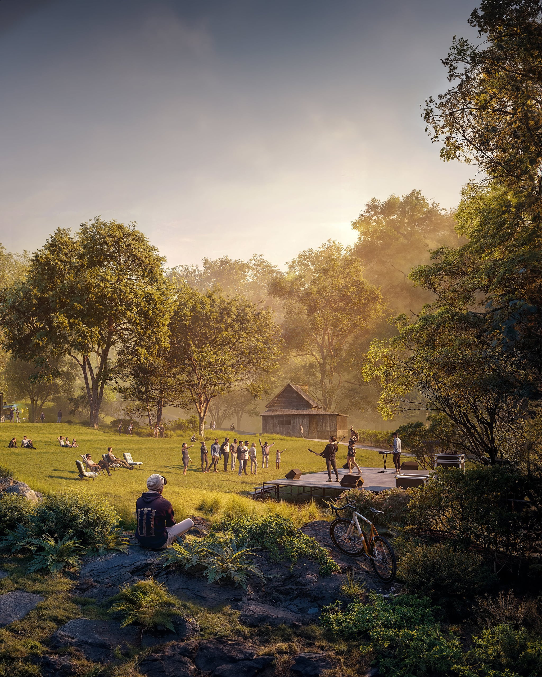 Photorealistic 3D rendering of an open-air park with a music stage, picnic seats, and walking trails at Lonesome Historic Site in Tennessee, USA