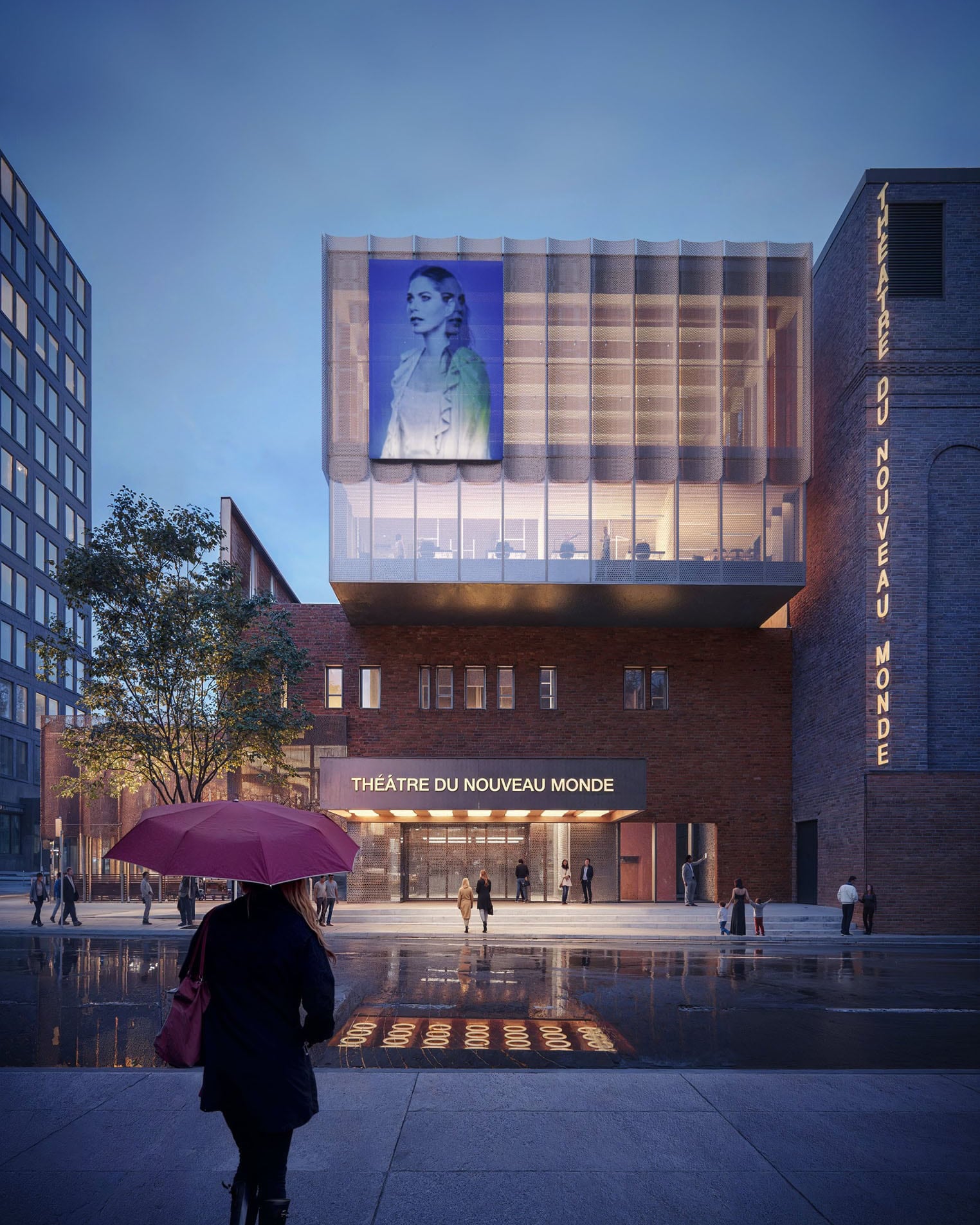 Rainy 3D architectural rendering of the theatre building with people rushing in to see the new play