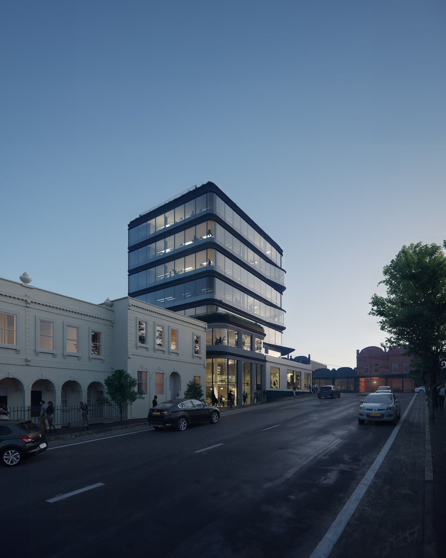 Evening 3D visualization of a modern building with illuminated interiors and street view